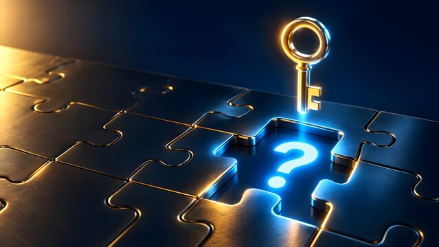 Golden key hovering over a metallic puzzle with a glowing blue question mark in the missing piece symbolizing solution and mystery
