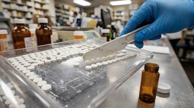 Pharmacist in blue gloves counting white prescription pills on a counting tray with a spatula in a pharmacy.