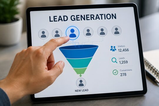 A tablet displaying a lead generation funnel for marketing and sales concepts.
