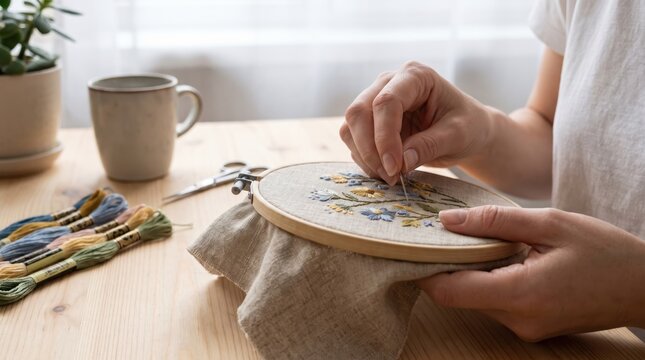 Woman hands embroidering floral pattern on fabric in wooden hoop. Cozy mindful craft hobby for relaxation, selfcare, and creative lifestyle inspiration at home.