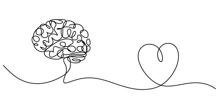 Continuous single line drawing of a human brain connected to a heart shape symbol representing the balance between intelligence and emotions isolated on transparent background