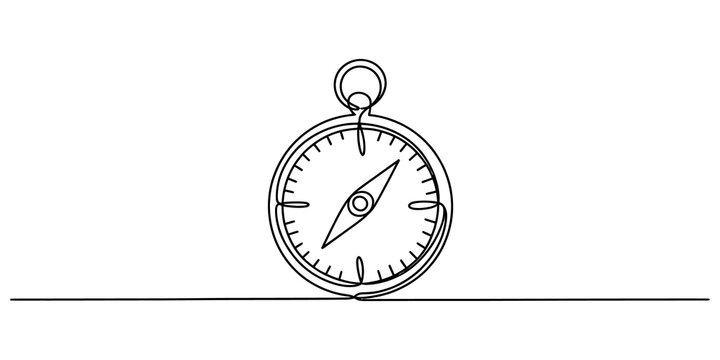 Continuous single line drawing of a navigation compass showing direction for travel and adventure concepts isolated on transparent background