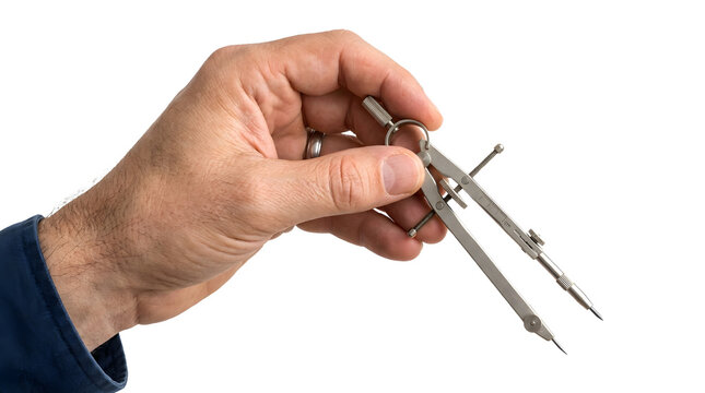 A hand holding a pair of drawing compasses for the concept of precision and engineering.