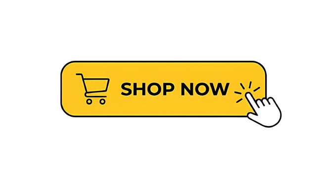 Yellow shop now button with shopping cart and clicking hand cursor   