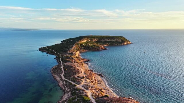 Scenic aerial drone flight landscape of Capo San Marco beach, Isthmus of San Giovanni di Sinis, Cabras, Oristano, Sardinia, Italy