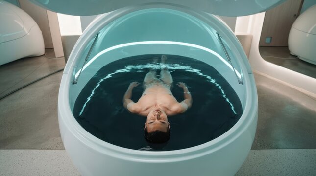 Man relaxing in a sensory deprivation tank for deep meditation and stress relief therapy