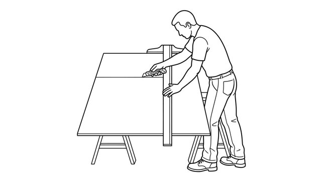 Carpenter cutting a drywall sheet with a utility knife and a T-square guide while measuring materials on a wooden trestle workbench.