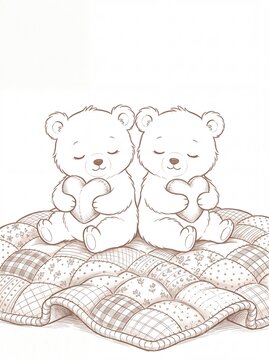 Two Cute Teddy Bears Holding Hearts Sitting on Cozy Patchwork Quilt Line Art Pencil Sketch Illustration