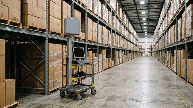 RFID reader cart parked beside a warehouse aisle, mobile inventory scanning and stock audit concept