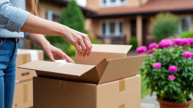 Woman hand reaching over an unpacked box, relocation concept with a out of focus home behind