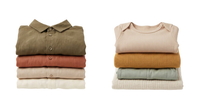 Stacks of folded linen shirts and baby clothes in neutral earth tones isolated on transparent background
