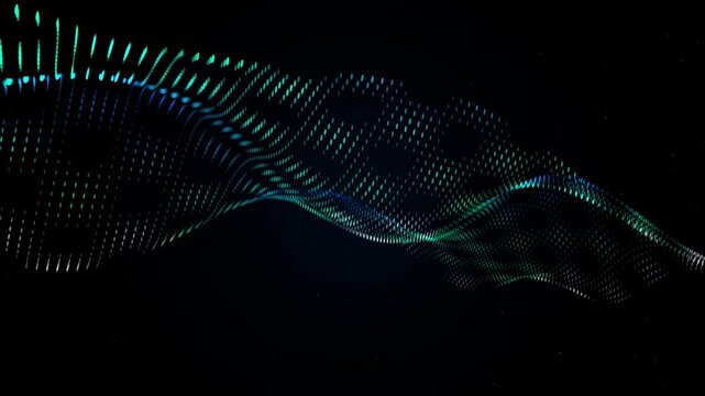 Green blue particle wave twisting across black background
