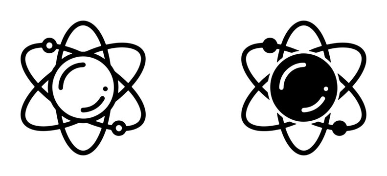 Atom icons set with nucleus and orbiting electrons for science and technology