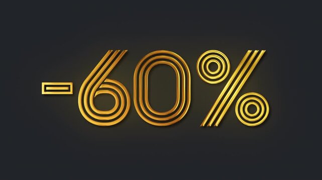 Golden 60 percent off discount sign with glowing art deco style animation, 4K loop with alpha channel, retail promotion, and clearance events