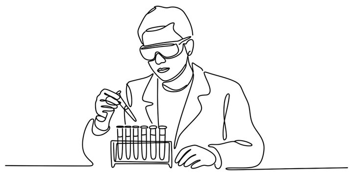 Continuous single line drawing of a scientist wearing protective goggles working with test tubes in a laboratory setting for medical research project Vector, illustration