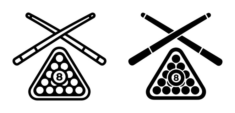 Billiard balls in rack with cues set, sports game equipment