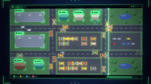 Neon green AI aerial scan finding cars buildings and trees on navy