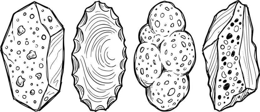 Stone tools vector graphic illustration set of prehistoric primitive implements featuring sharp edges and textured surfaces