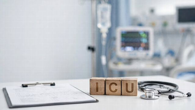 ICU intensive care unit stethoscope clipboard monitor hospital and medical equipment beside patient bed support critical care emergency treatment and healthcare