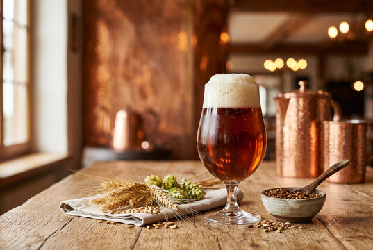 Amber craft beer with hops malt and grain beside copper vessels