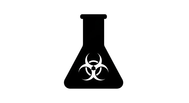 Black biohazard symbol on a laboratory flask icon isolated on white