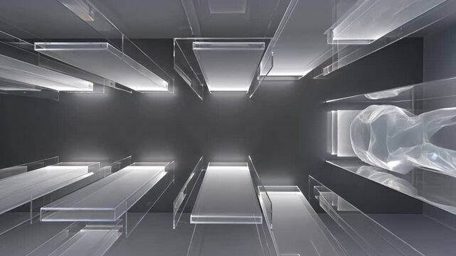 Dark abstract corridor with translucent geometric panels
