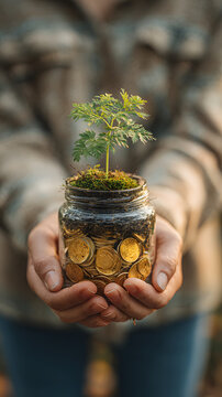 A person holding a jar with a growing plant and coins, symbolizing financial growth and sustainability