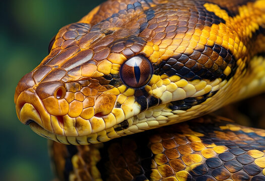 Wildlife conservation and nature, close up portrait of a reticulated python with detailed scales and golden yellow patterns in a tropical rainforest habitat