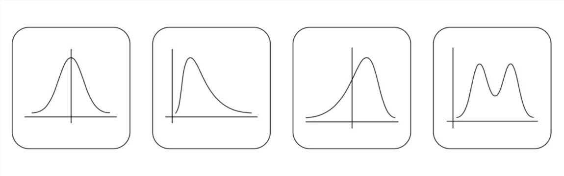 Distribution curve icon set. Four rounded square frames with bell curve, right skewed curve, symmetrical curve and bimodal double peak curve on x and y axes, thin line. Editable stroke