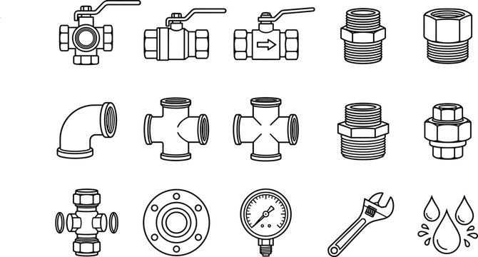 Minimalist black and white plumbing pipes fitting water valve line art vector icon set for industrial service instruction manual