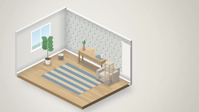 Isometric room with dotted wallpaper unrolling and striped rug