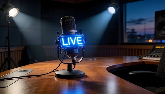 Professional studio microphone with glowing blue live text on desk inside radio broadcasting room