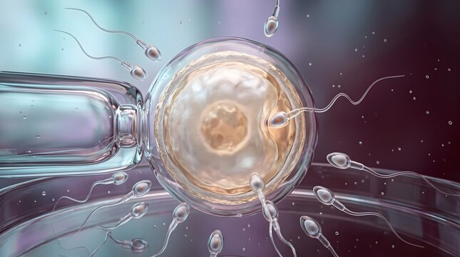 Human Oocyte in IVF Culture Environment with Sperm Cells, Advanced Embryology Laboratory Concept