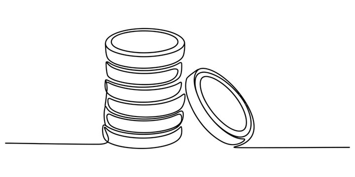 Continuous one line drawing of a stack of metal coins and one coin next to it for financial savings investment and money growth concept illustration Vector, illustration