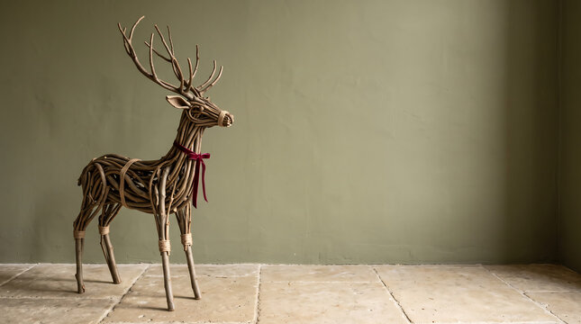 Woven wicker reindeer figure with red ribbon against a muted green wall