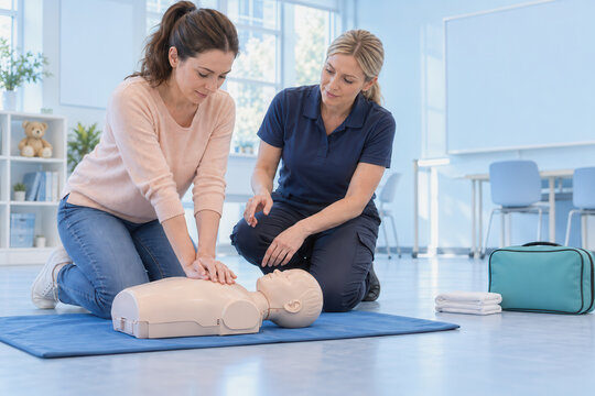 Cpr training class with woman practicing chest compressions on manikin and instructor