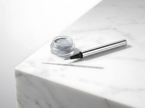 Silver liquid eyeliner and a small glass pot on a white marble surface for professional makeup look. silver sparkle eyeliner