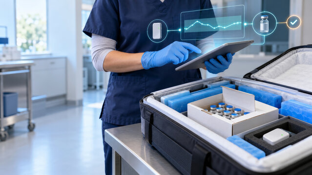 Healthcare worker using tablet for digital vaccine shipment verification, with holographic temperature monitoring above insulated carrier. Cold chain logistics and medical supply handling in clinic.