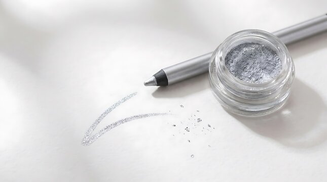 Silver glitter eye makeup powder in a small glass jar with a metallic eyeliner pencil for beauty. silver sparkle eyeliner