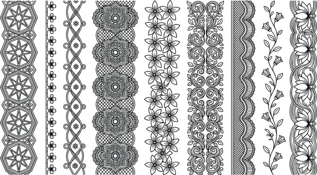 Set of seamless black and white vector borders with geometric patterns floral lace mandalas and filigree ornaments for decorative design