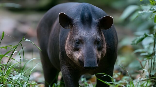 A close up of a tapir standing in a lush green forest with soft natural lighting and detailed fur texture