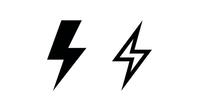Minimal black lightning bolt icon set, electric flash power symbol graphic, simple high voltage energy charge sign