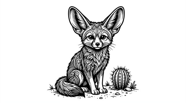 Fennec fox illustration featuring intricate zen tangle patterns and sharp bold black lines isolated on a clean white background created in a detailed artistic style