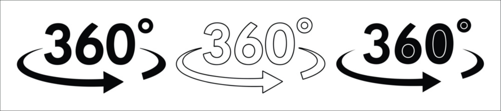 360 degree rotation arrow icons, circular movement symbols, full circle direction, rotate, turnaround, navigation, and continuous motion vector illustration