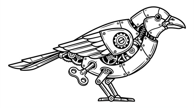 Mechanical bird constructed from intricate gears and clockwork components features bold black lines in a detailed digital illustration designed for coloring books or artistic projects