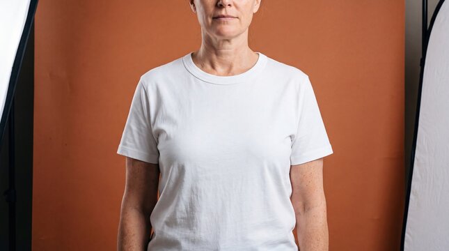 Middle aged woman wearing blank white t shirt mockup on a terracotta studio background