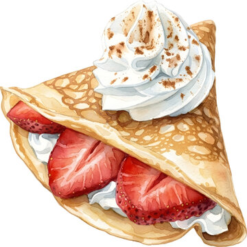 Hand drawn watercolor food illustration of a folded golden crepe filled with fresh sliced red strawberries, whipped cream, and a dusting of cinnamon isolated on a white background.