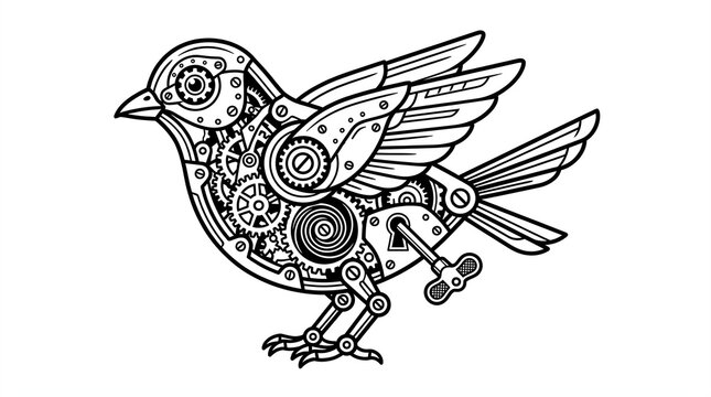 Mechanical bird crafted with intricate metal gears and clockwork components depicted in a clean bold black and white line art style on a pure background