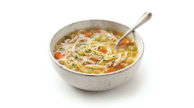 Chicken noodle soup in bowl isolated on white background