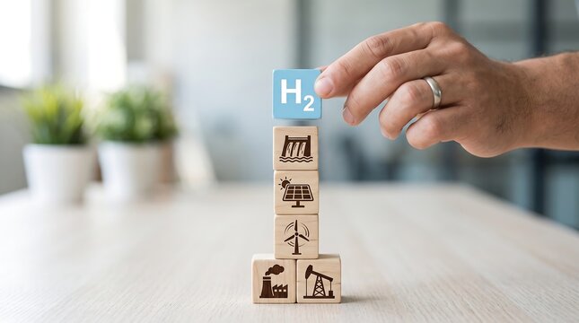 Hydrogen energy block tower concept with clean power icons, hand placing H2 wooden cube on renewable energy stack